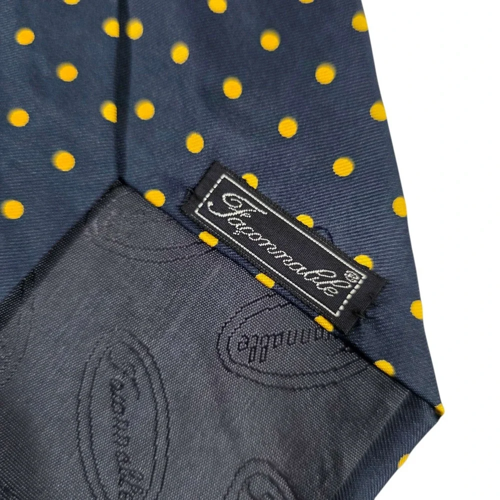 Faconnable Silk Polka Dot Necktie Navy‎ Blue Yellow Handmade Made in France